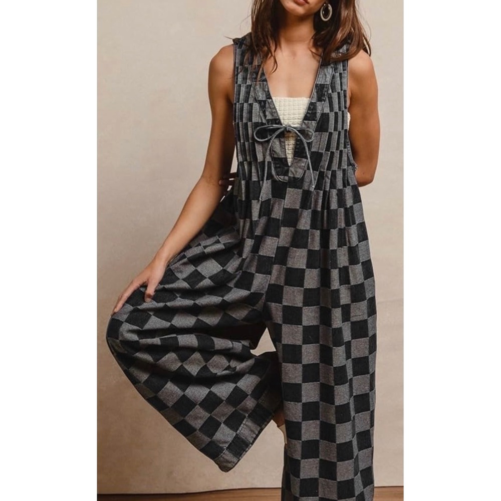 BiBi NWT Checkerboard Denim Wide Leg Jumpsuit Lagenlook Boho Medium